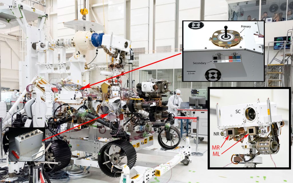Perseverance rover with inset photos showing camera, calibration target, a electronics locations