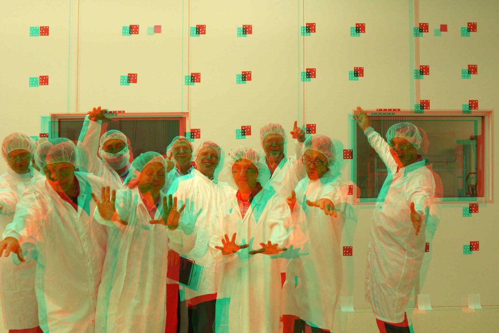 Members of the Mars 2020 Perseverance rover Mastcam-Z hardware development group ham it up in 3-D during testing of the ASU Mastcam-Z simulator system.