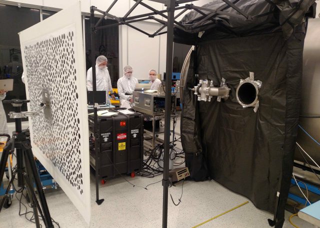 Members of the Mars 2020 Perseverance rover Mastcam-Z calibration group running tests of the Engineering Qualification Model camera at ASU in November, 2018.